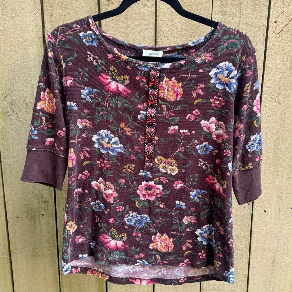 Sundance Brown Floral Embroidered Henley Top with Pink and Blue Blooms
